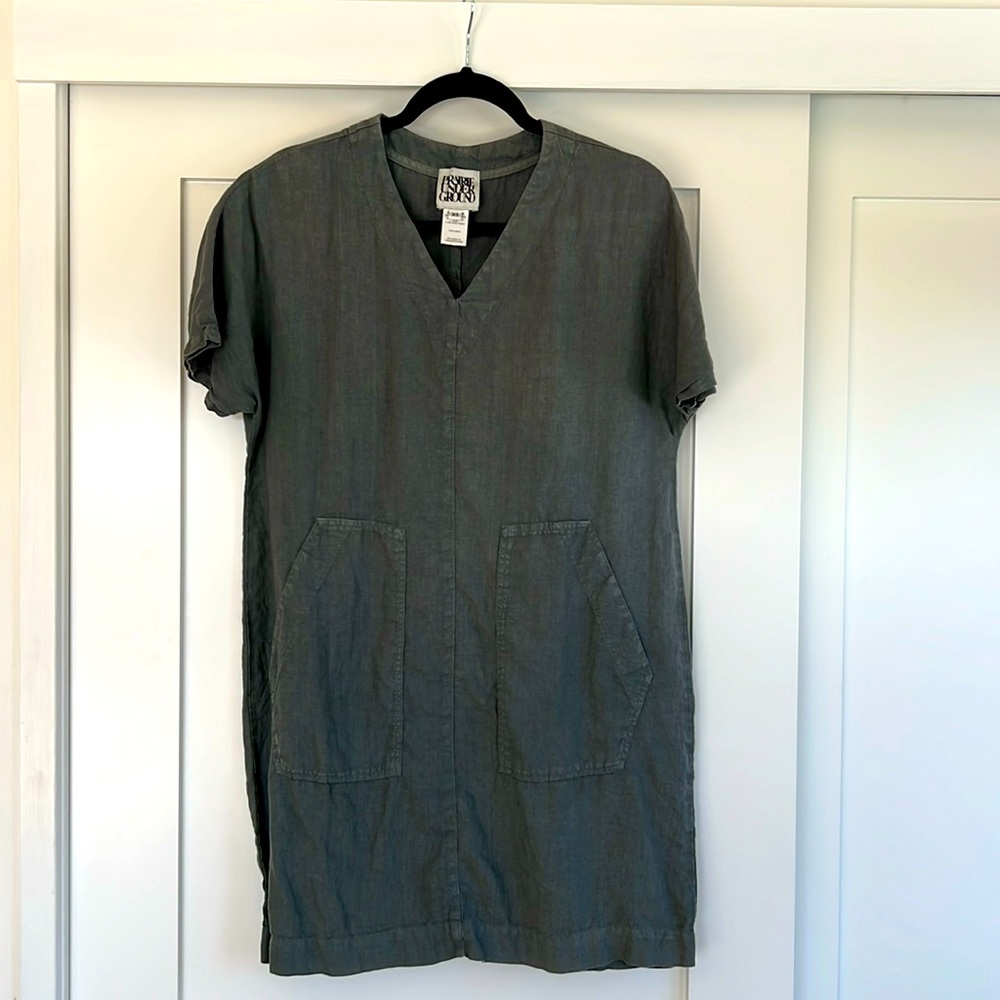 Prairie Underground Green Lagenlook Short Sleeve 100% Linen Mini Dress Size S